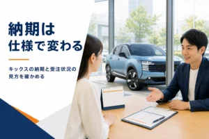 キックスの納期と予約・受注状況の見方を解説する記事のアイキャッチ