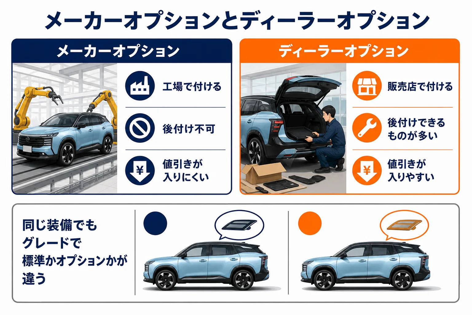 キックスのメーカーオプションとディーラーオプションの違いを比べた図解