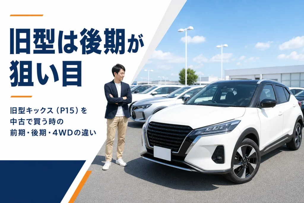 中古車店に並ぶ旧型キックスのイメージ
