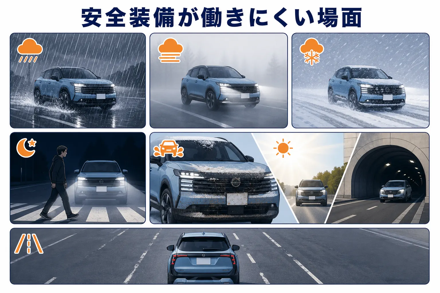 キックスの安全装備が働きにくい天候や道路の場面を並べた図解