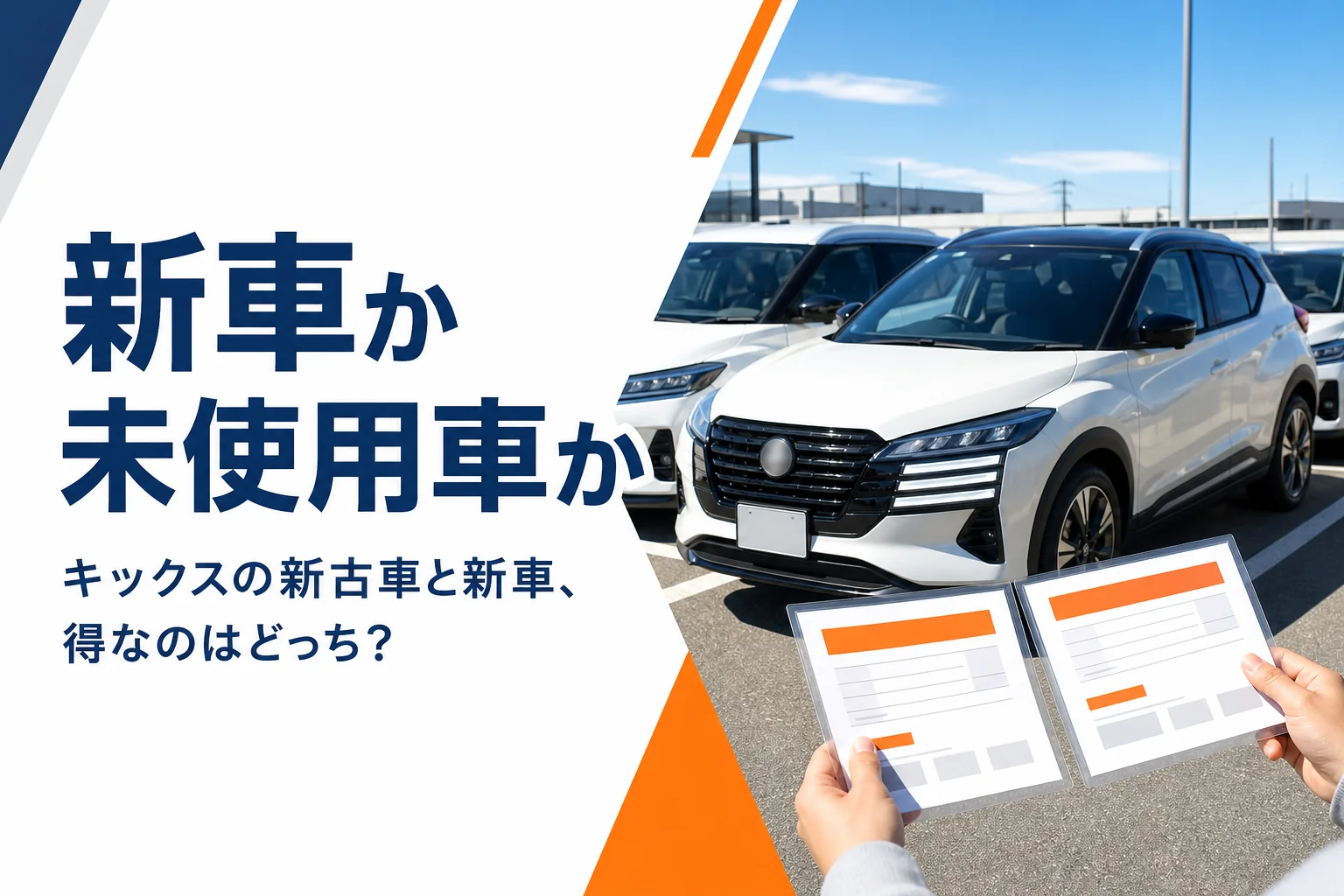キックスの新古車と新車を見比べるイメージ