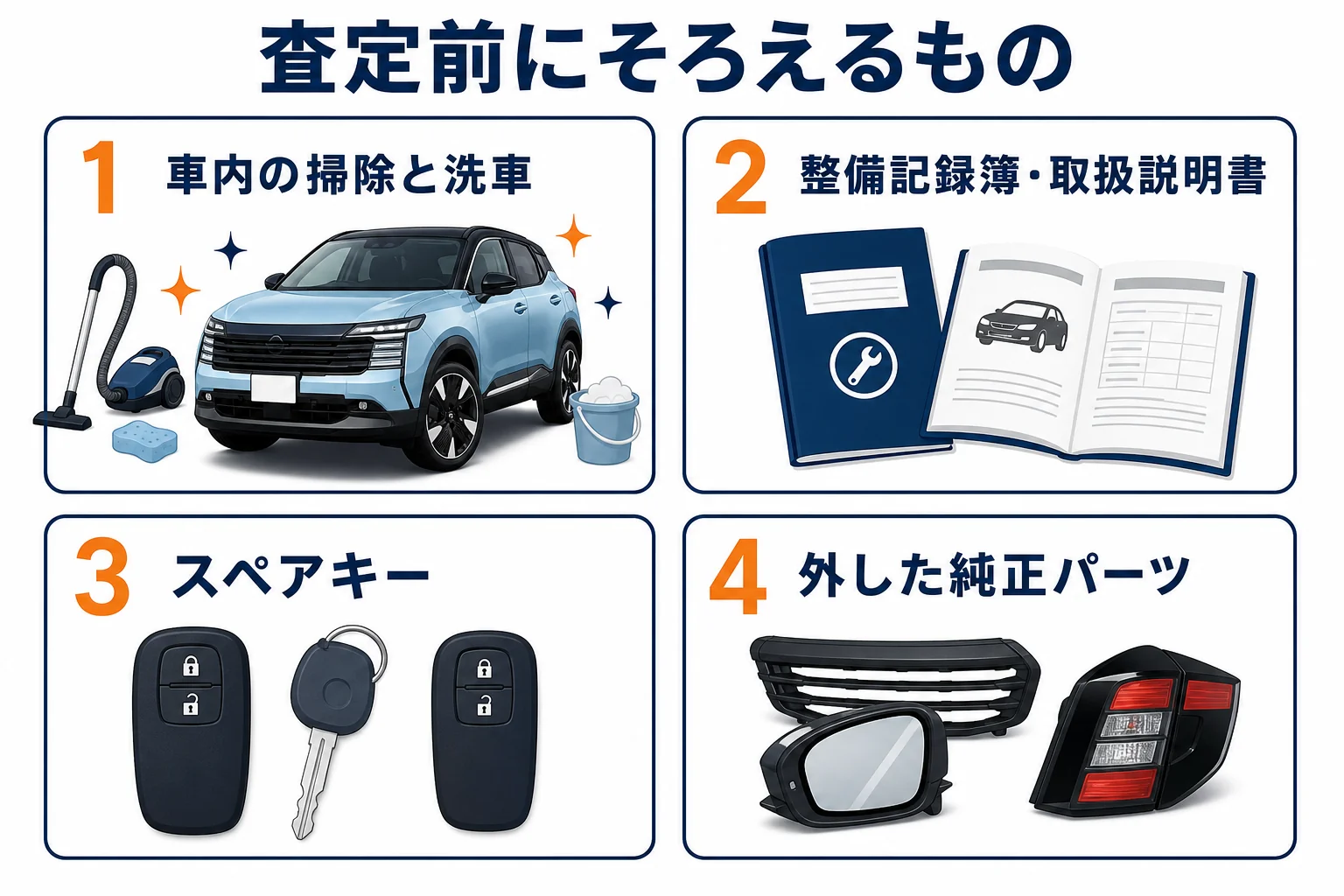 キックスの査定前にそろえておく書類や部品をまとめた図解