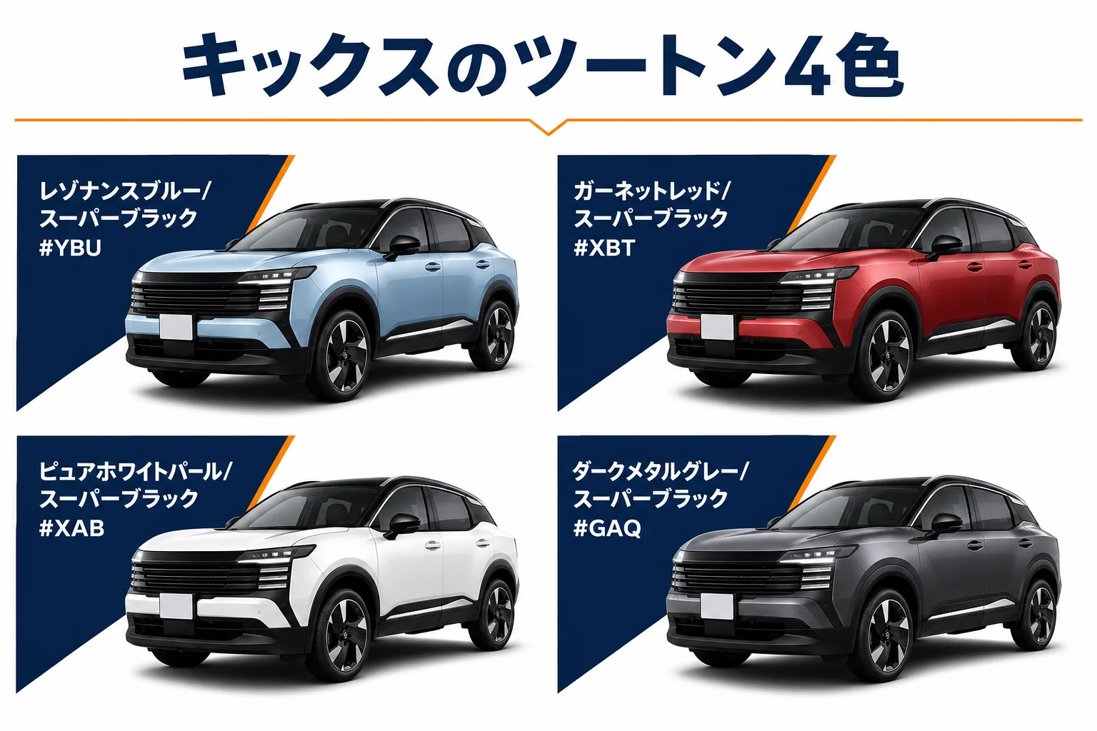 キックスのツートンカラー4色と色コードを並べた図解