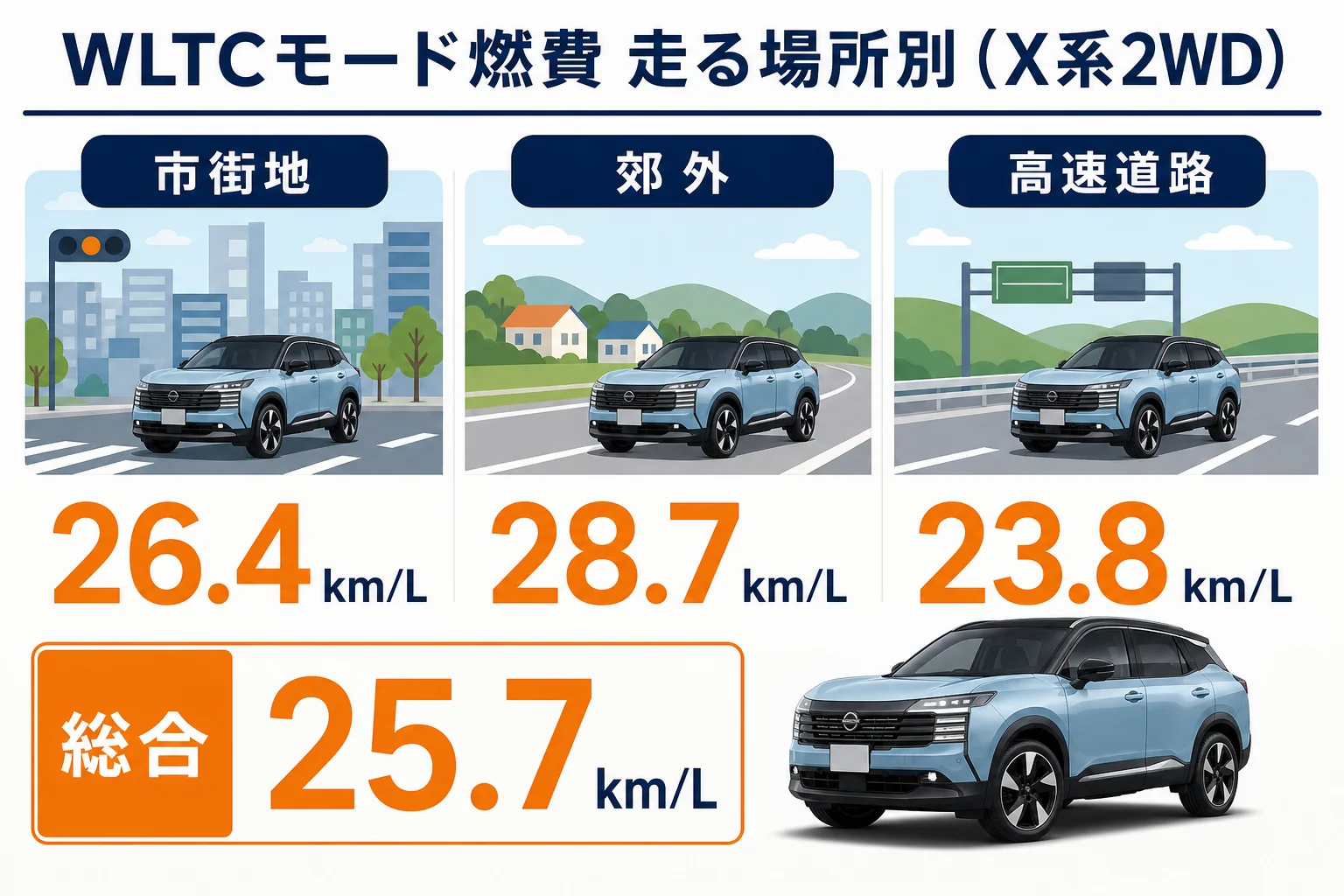 キックスX系2WDの市街地・郊外・高速道路の燃費を比べた図解