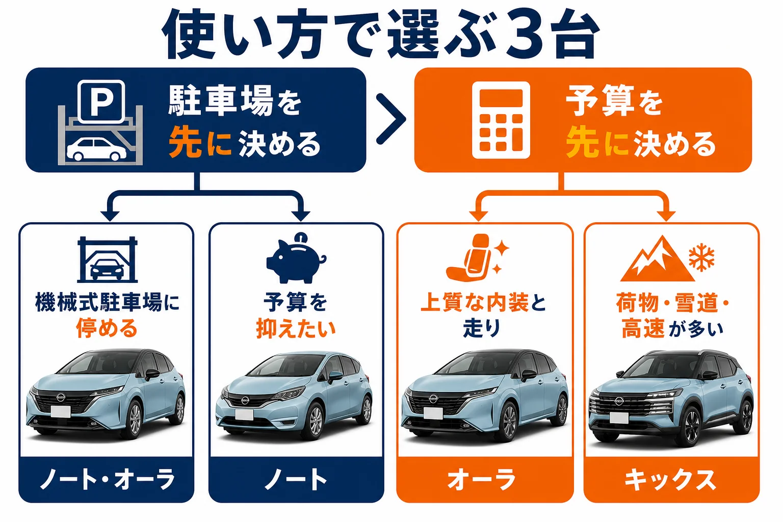 使い方からキックスとノート・オーラのどれを選ぶかの目安を示した図解