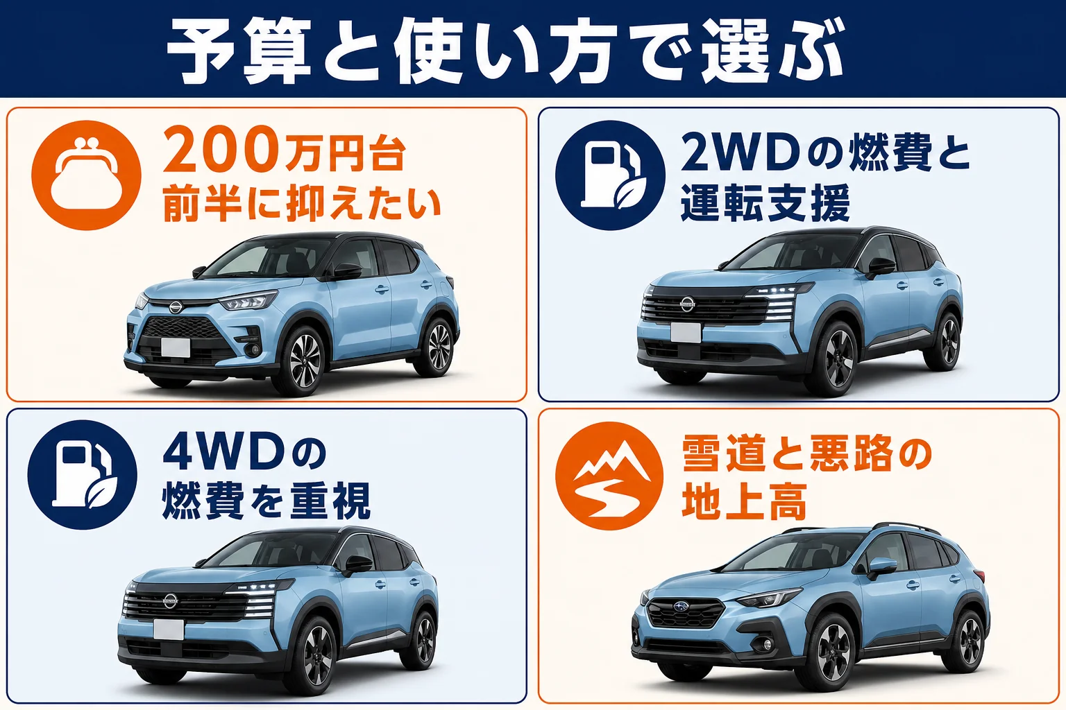 予算と使い方からキックスとライバル車のどれを選ぶかの目安を示した図解
