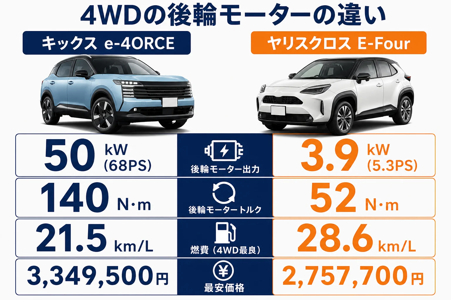 キックスとヤリスクロスの4WDの違いを比べた図解