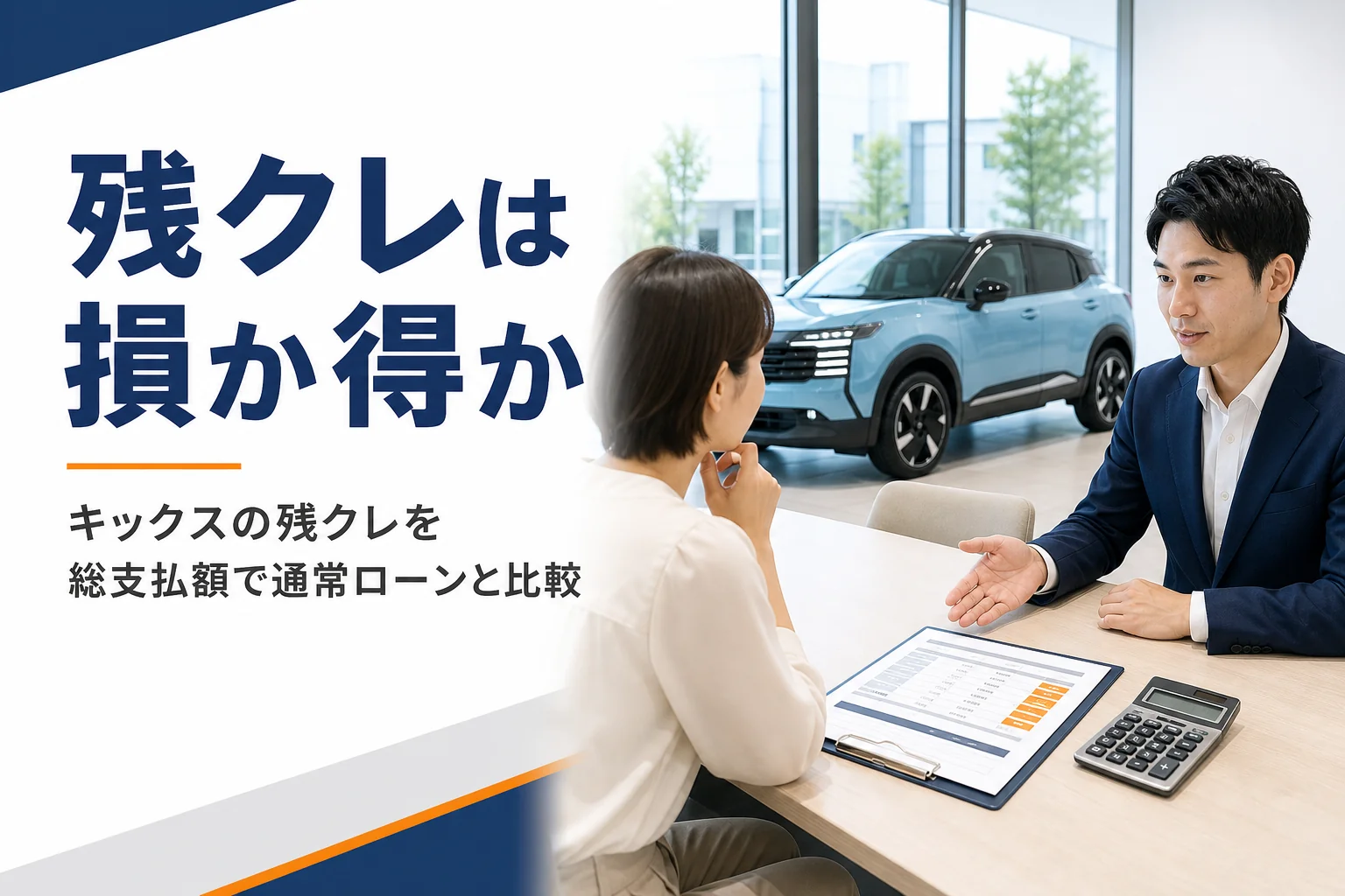 キックスの残クレと通常ローンを比べる商談のイメージ