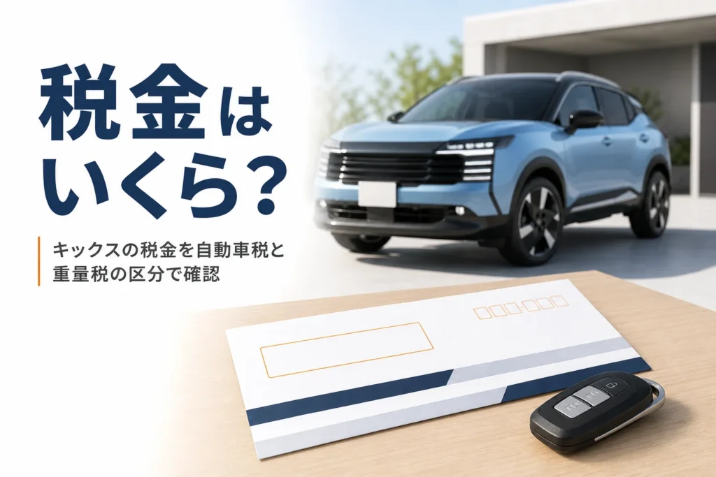 納付書の封筒と車のキーで自動車の税金を表したイメージ